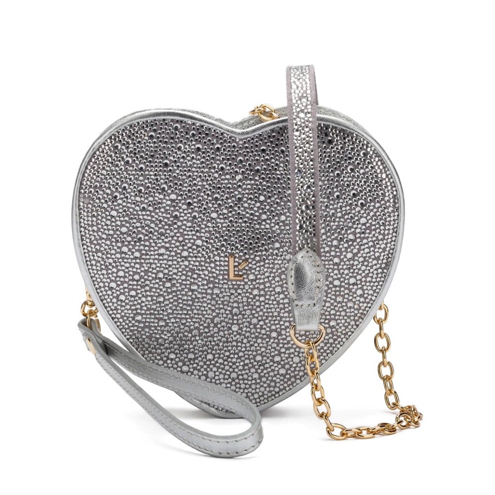 Larroude Heartbreaker Crossbody Bag In Crystal and Light Gray Vegan Suede NWT - Picture 1 of 14